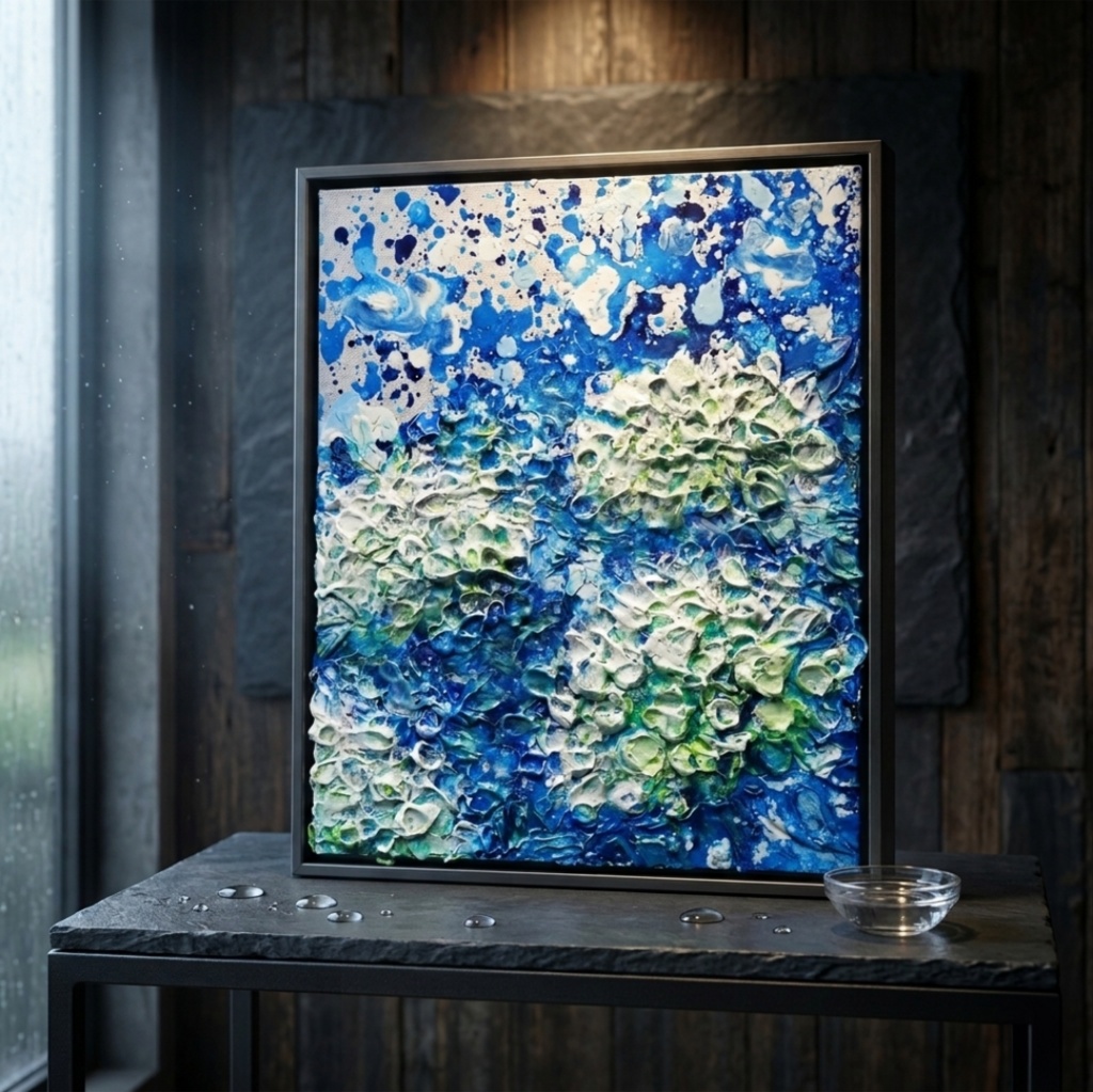 【初夏の雫】3Dテクスチャーアート / 紫陽花カラーのモダン油絵