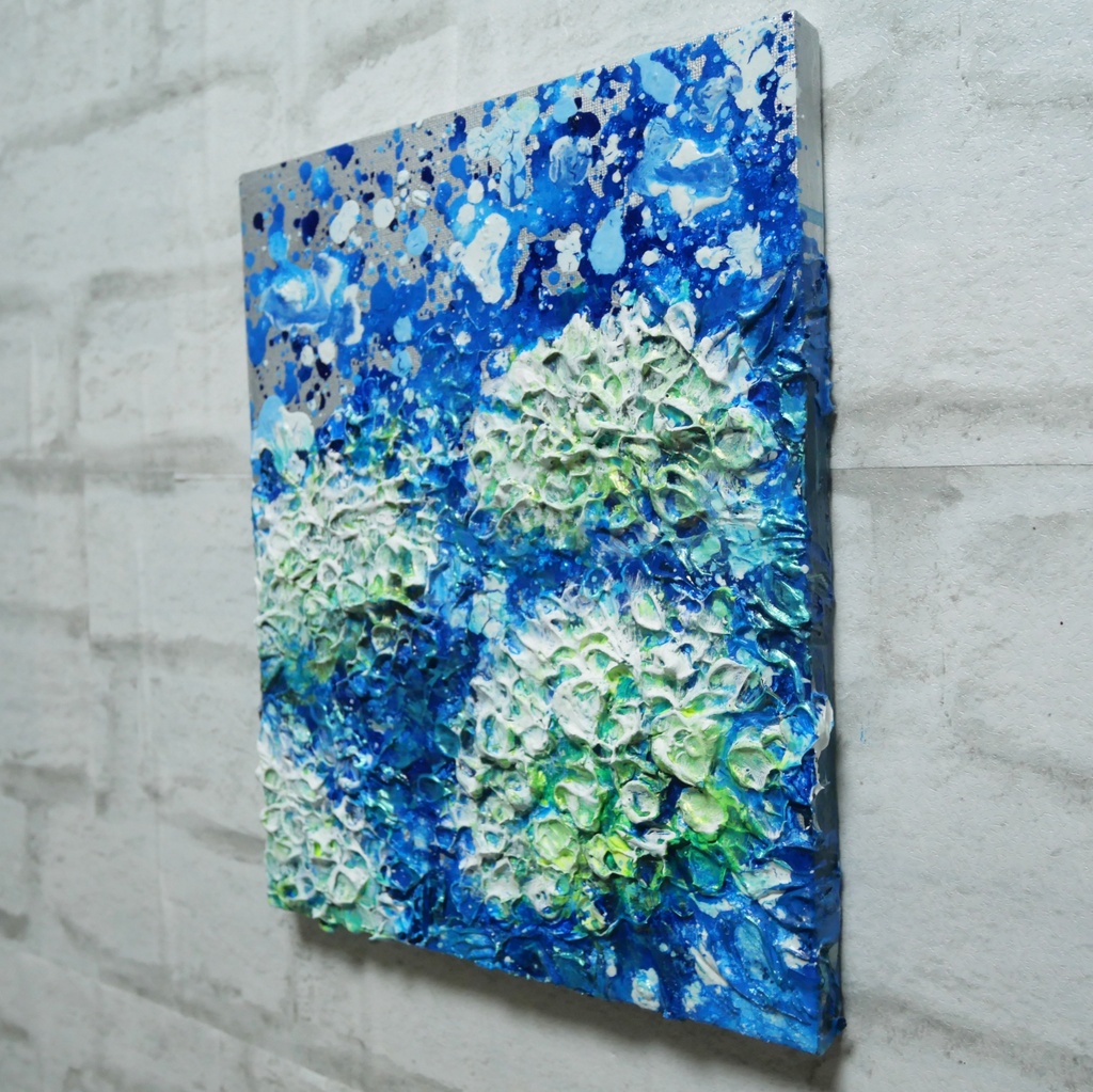 【初夏の雫】3Dテクスチャーアート / 紫陽花カラーのモダン油絵