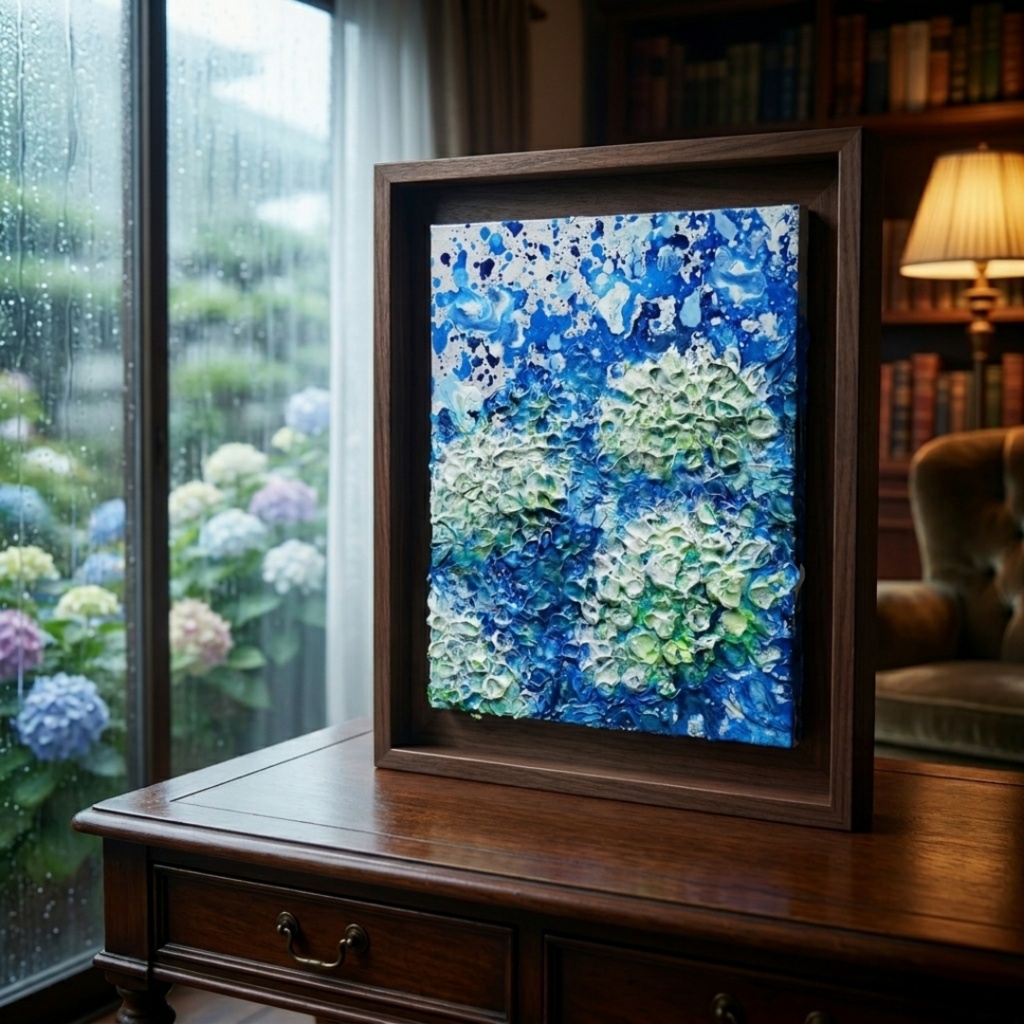 【初夏の雫】3Dテクスチャーアート / 紫陽花カラーのモダン油絵