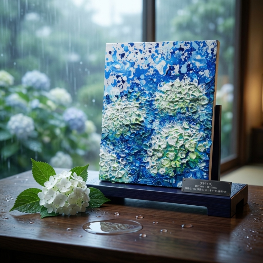 【初夏の雫】3Dテクスチャーアート / 紫陽花カラーのモダン油絵