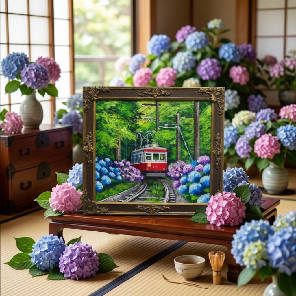 【原画】初夏の特等席〜紫陽花の咲く線路沿い〜 油絵 絵画 アジサイ 鉄道 壁掛け