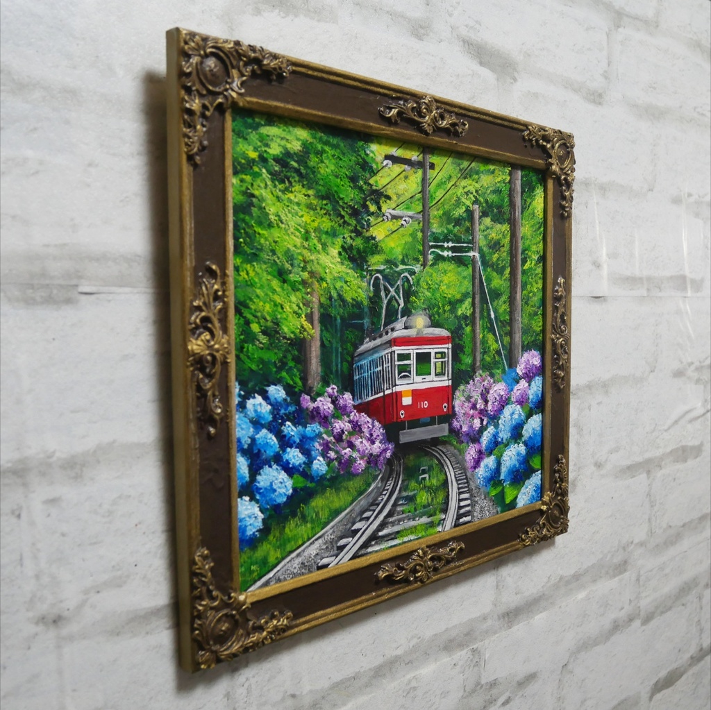 【原画】初夏の特等席〜紫陽花の咲く線路沿い〜 油絵 絵画 アジサイ 鉄道 壁掛け