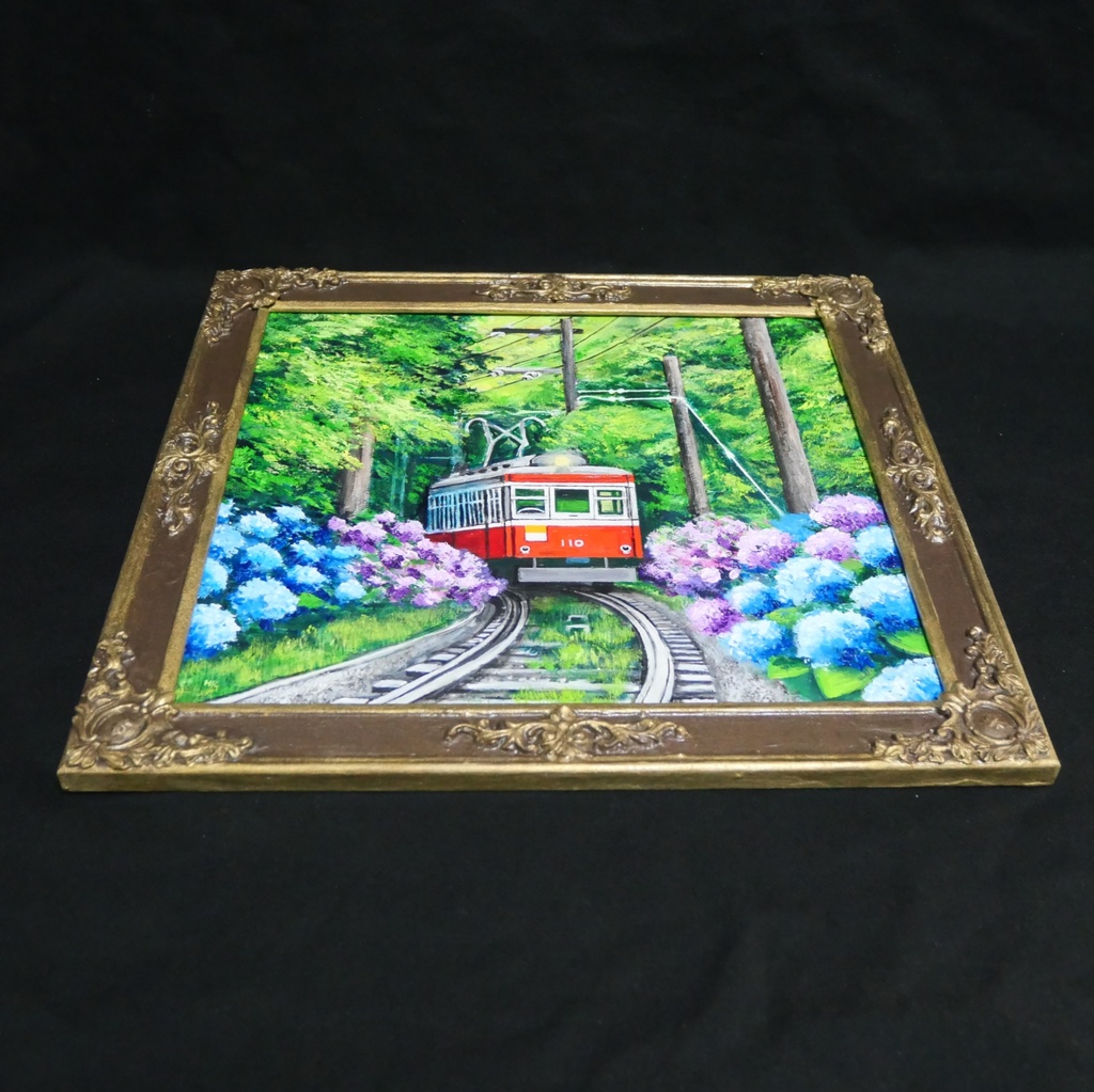 【原画】初夏の特等席〜紫陽花の咲く線路沿い〜 油絵 絵画 アジサイ 鉄道 壁掛け