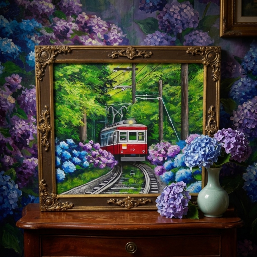 【原画】初夏の特等席〜紫陽花の咲く線路沿い〜 油絵 絵画 アジサイ 鉄道 壁掛け