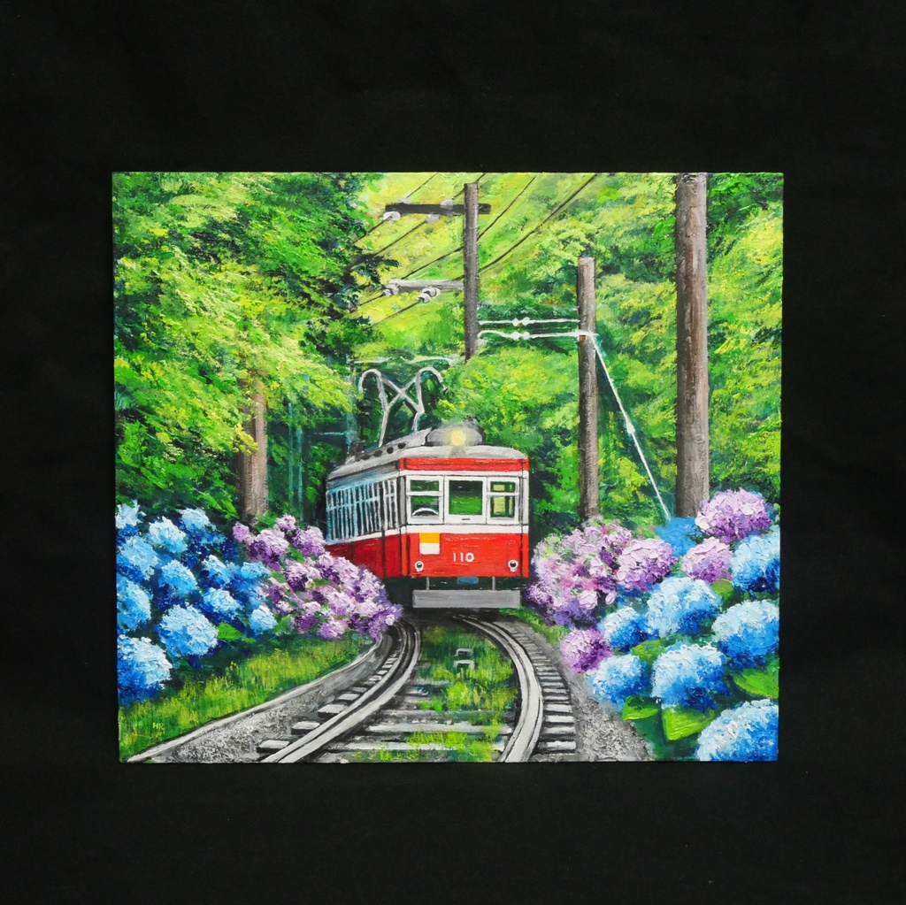 【原画】初夏の特等席〜紫陽花の咲く線路沿い〜 油絵 絵画 アジサイ 鉄道 壁掛け