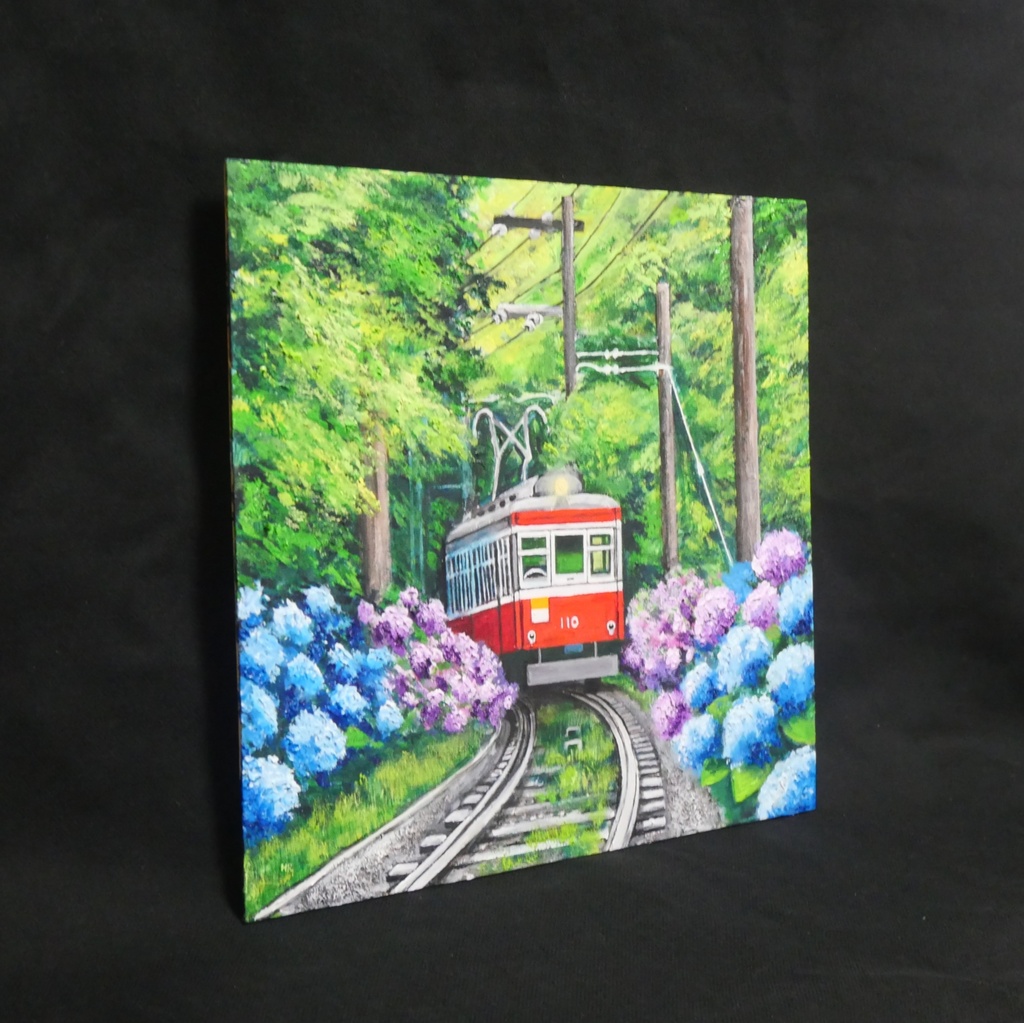 【原画】初夏の特等席〜紫陽花の咲く線路沿い〜 油絵 絵画 アジサイ 鉄道 壁掛け