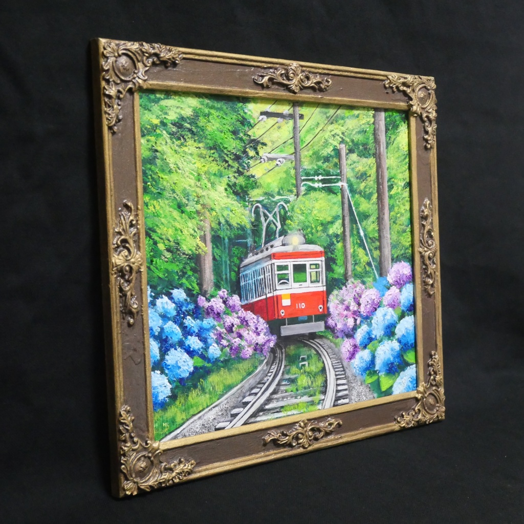 【原画】初夏の特等席〜紫陽花の咲く線路沿い〜 油絵 絵画 アジサイ 鉄道 壁掛け