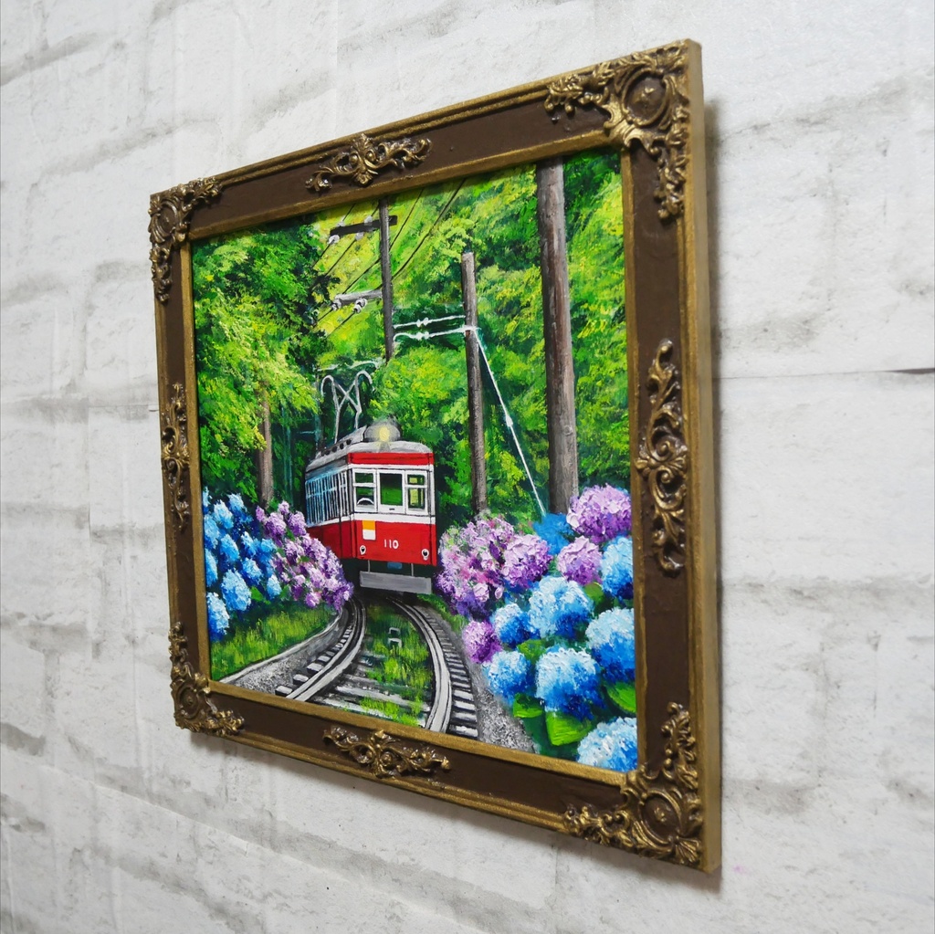 【原画】初夏の特等席〜紫陽花の咲く線路沿い〜 油絵 絵画 アジサイ 鉄道 壁掛け