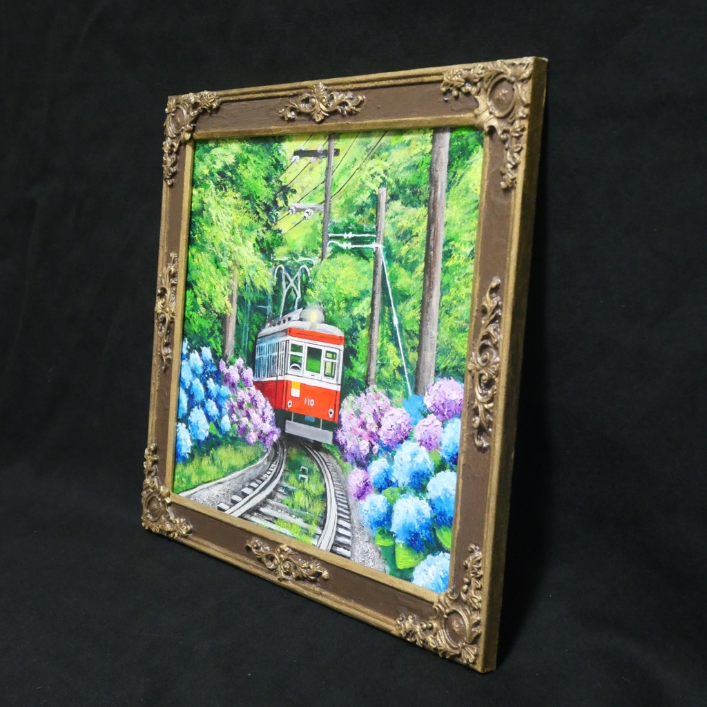 【原画】初夏の特等席〜紫陽花の咲く線路沿い〜 油絵 絵画 アジサイ 鉄道 壁掛け