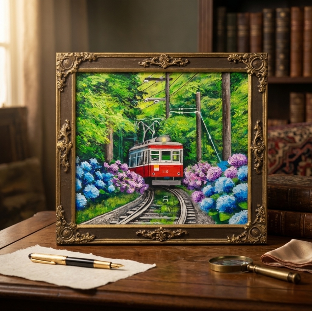 【原画】初夏の特等席〜紫陽花の咲く線路沿い〜 油絵 絵画 アジサイ 鉄道 壁掛け