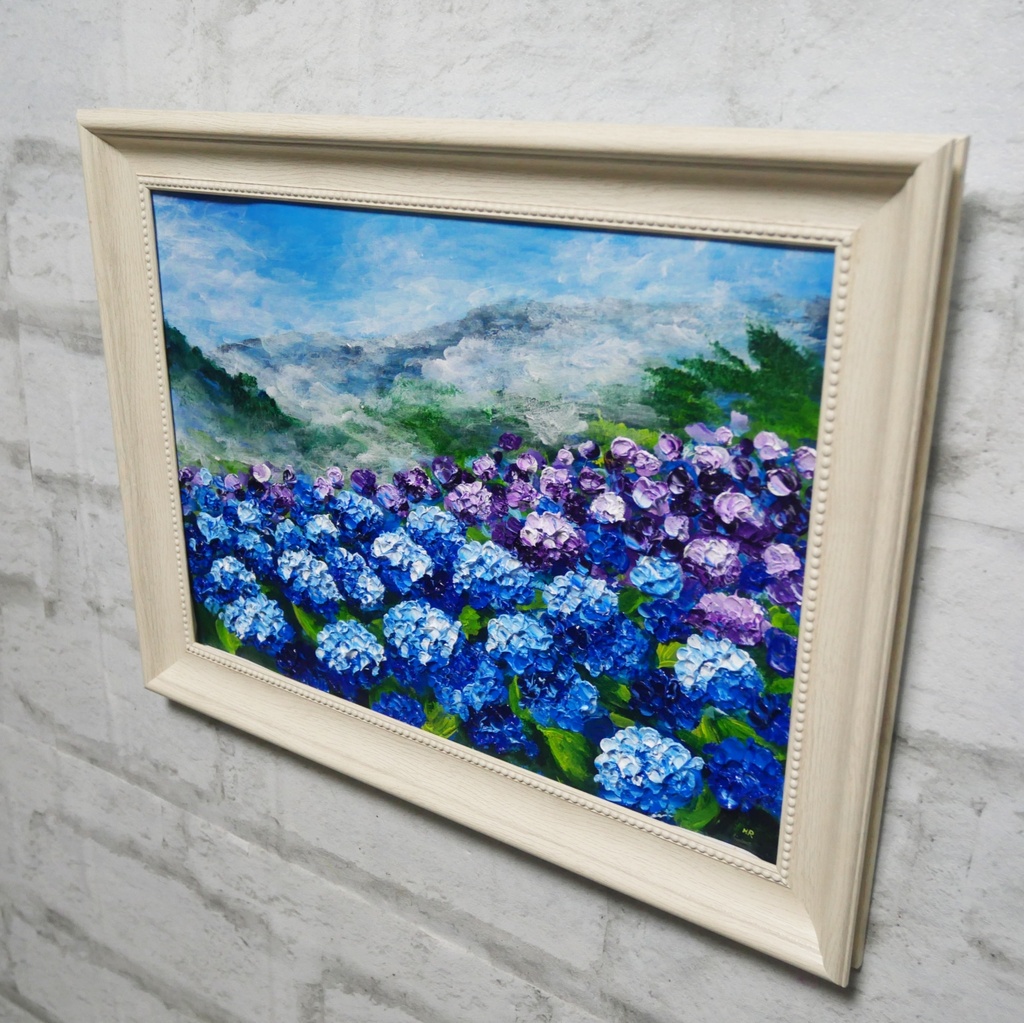 【真作】油絵『天空に咲く青の記憶』A4 額装付/紫陽花 雲海 幻想的な風景画 一点物
