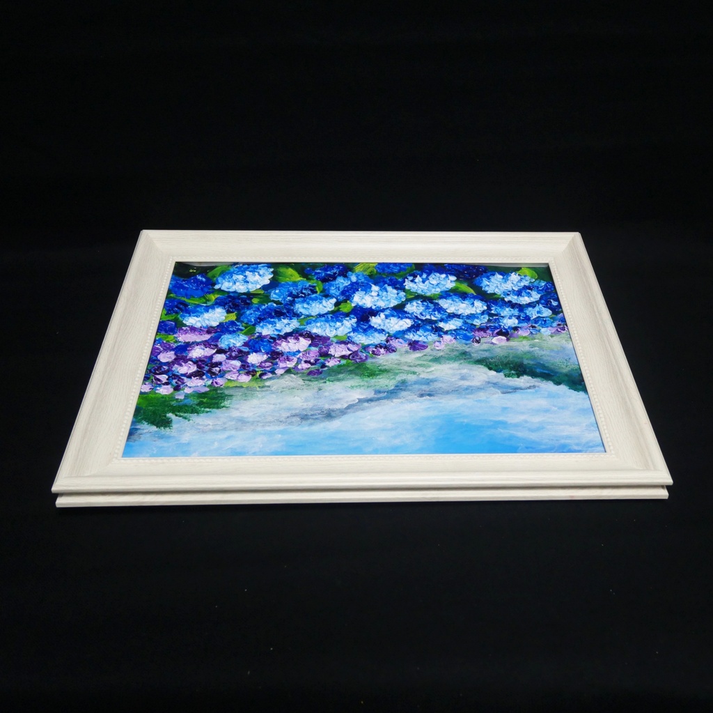 【真作】油絵『天空に咲く青の記憶』A4 額装付/紫陽花 雲海 幻想的な風景画 一点物