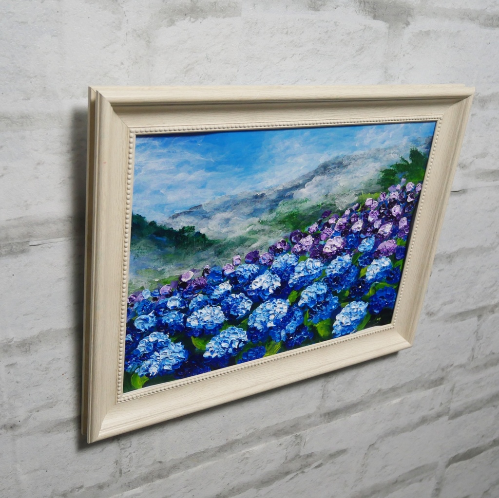 【真作】油絵『天空に咲く青の記憶』A4 額装付/紫陽花 雲海 幻想的な風景画 一点物