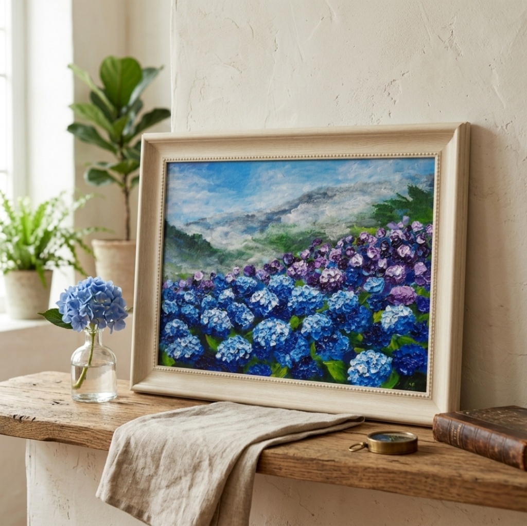 【真作】油絵『天空に咲く青の記憶』A4 額装付／紫陽花 雲海 幻想的な風景画 一点物