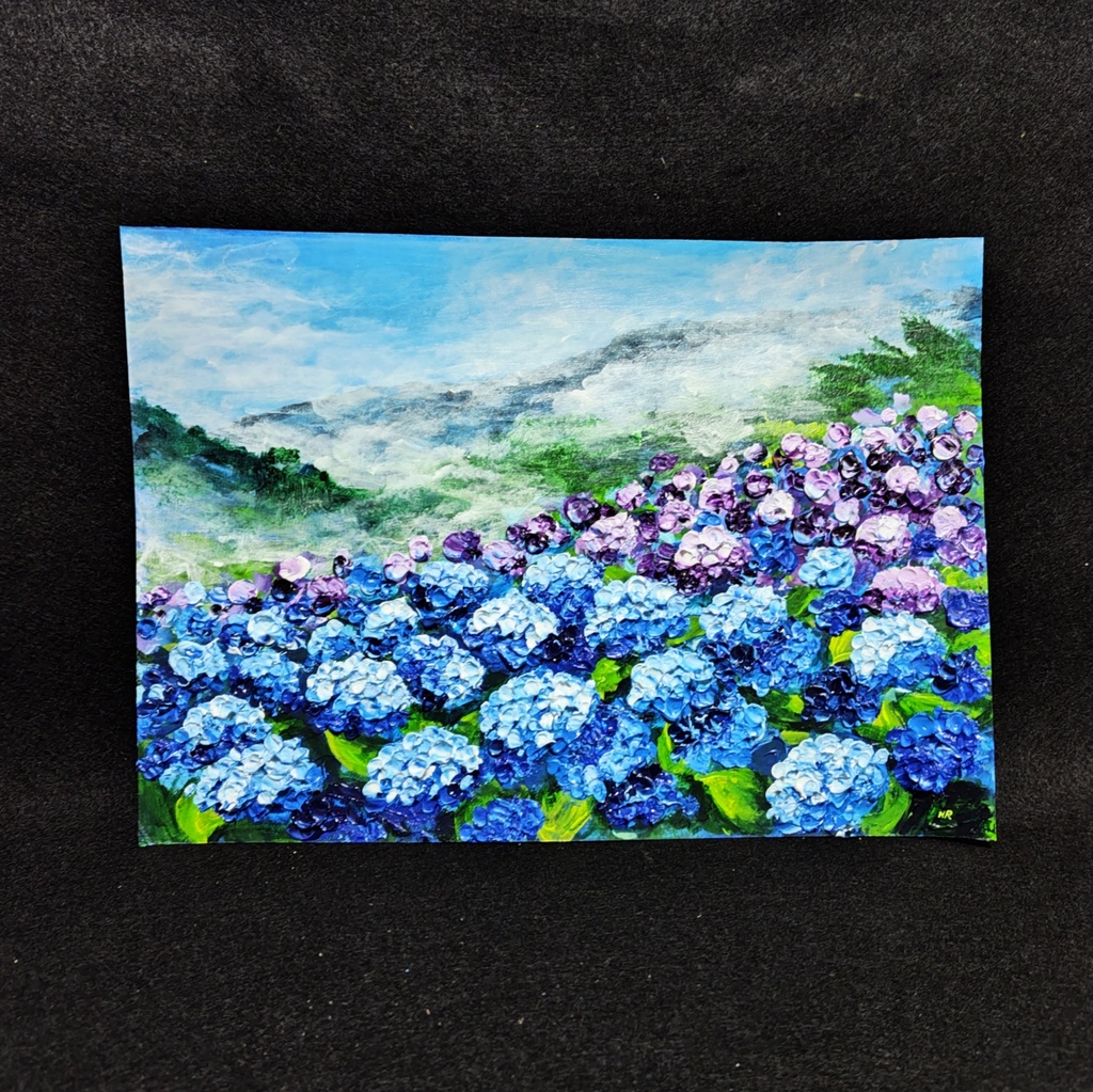 【真作】油絵『天空に咲く青の記憶』A4 額装付/紫陽花 雲海 幻想的な風景画 一点物
