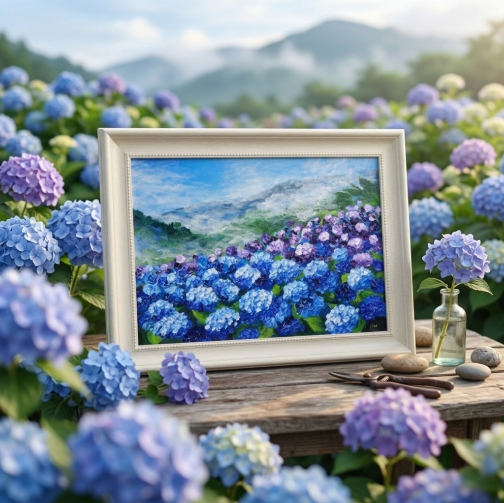 【真作】油絵『天空に咲く青の記憶』A4 額装付/紫陽花 雲海 幻想的な風景画 一点物