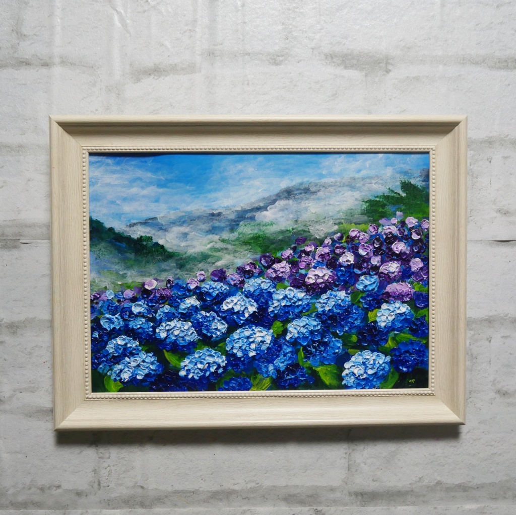 【真作】油絵『天空に咲く青の記憶』A4 額装付/紫陽花 雲海 幻想的な風景画 一点物