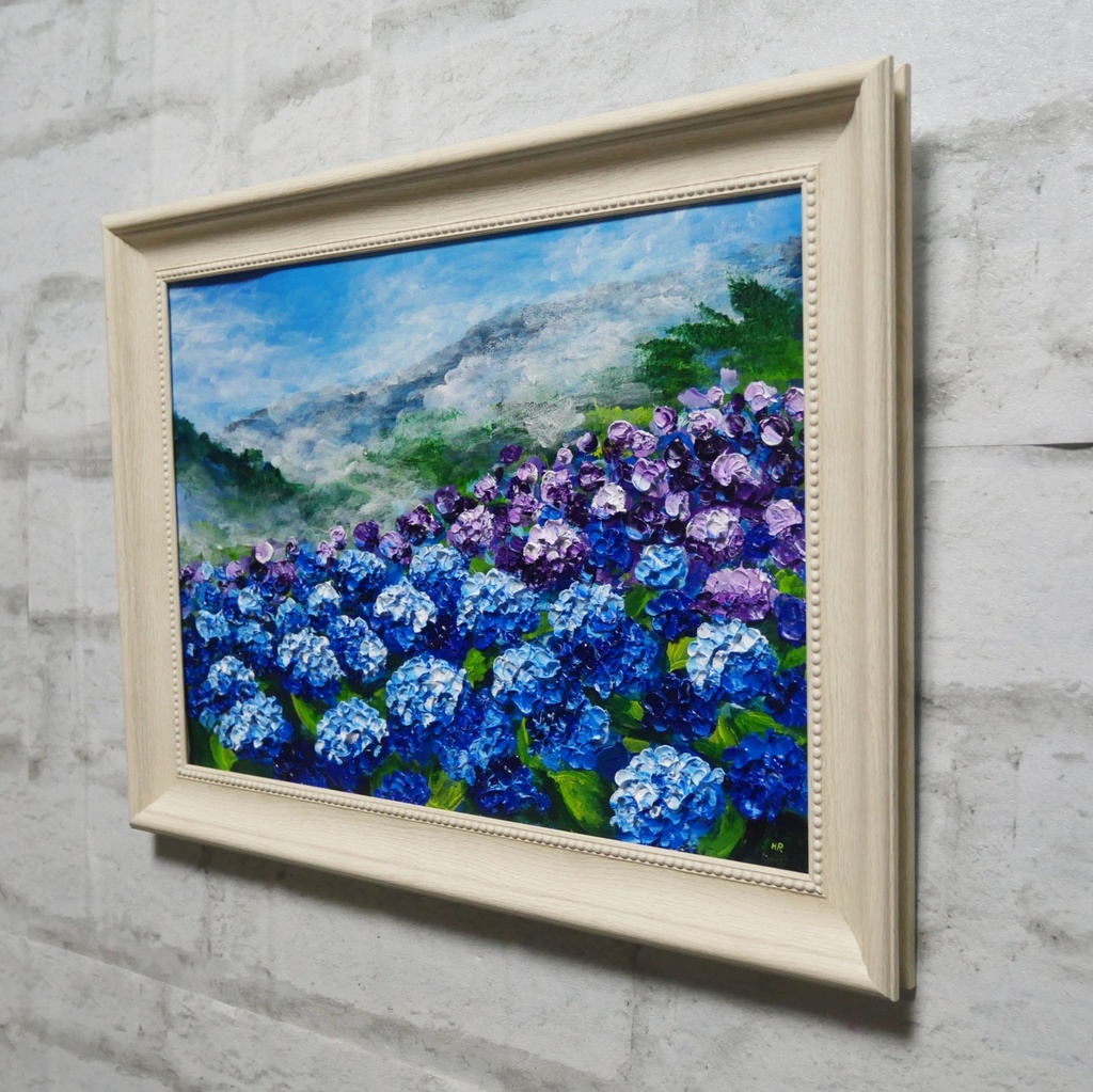 【真作】油絵『天空に咲く青の記憶』A4 額装付/紫陽花 雲海 幻想的な風景画 一点物