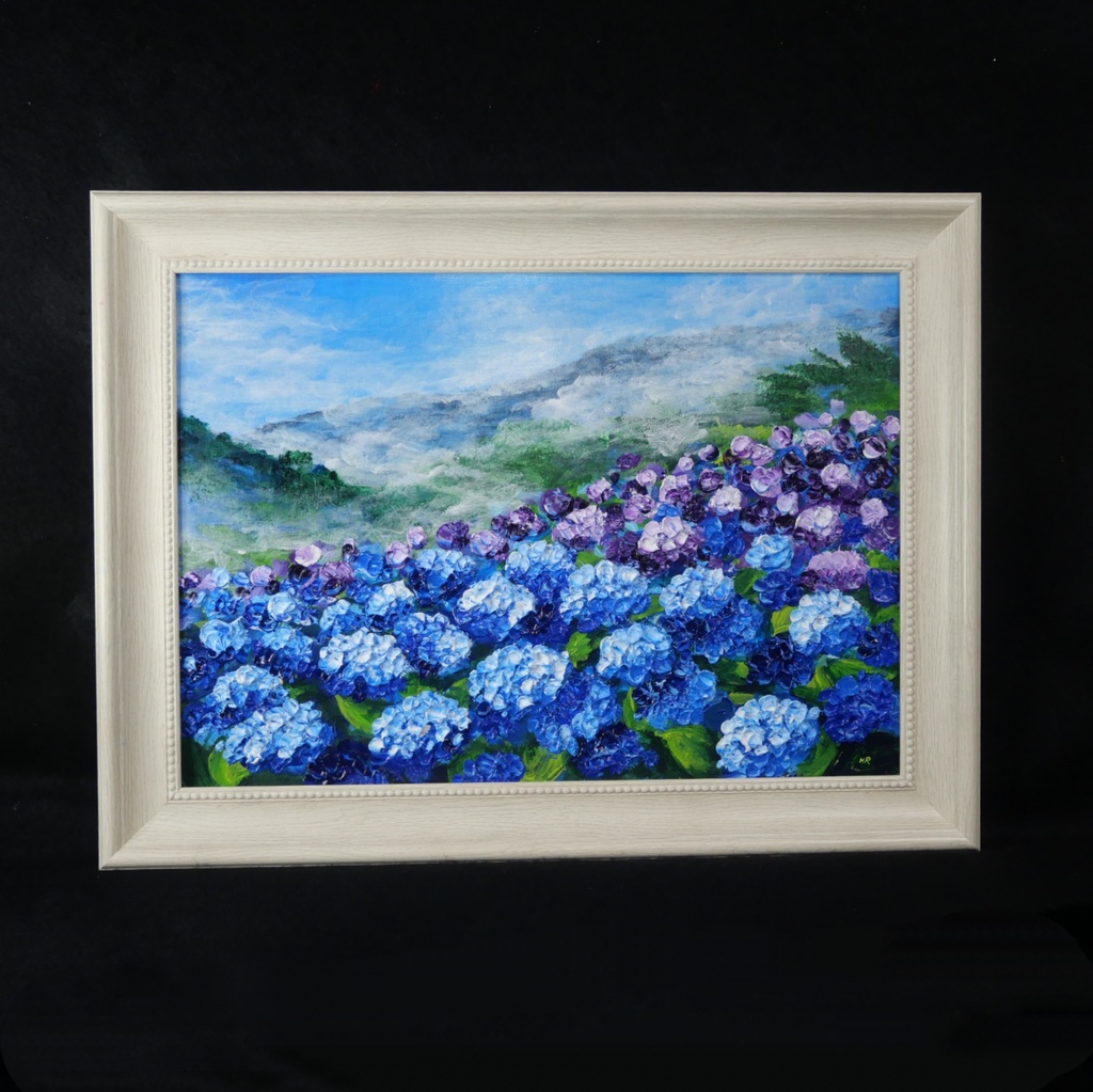 【真作】油絵『天空に咲く青の記憶』A4 額装付/紫陽花 雲海 幻想的な風景画 一点物