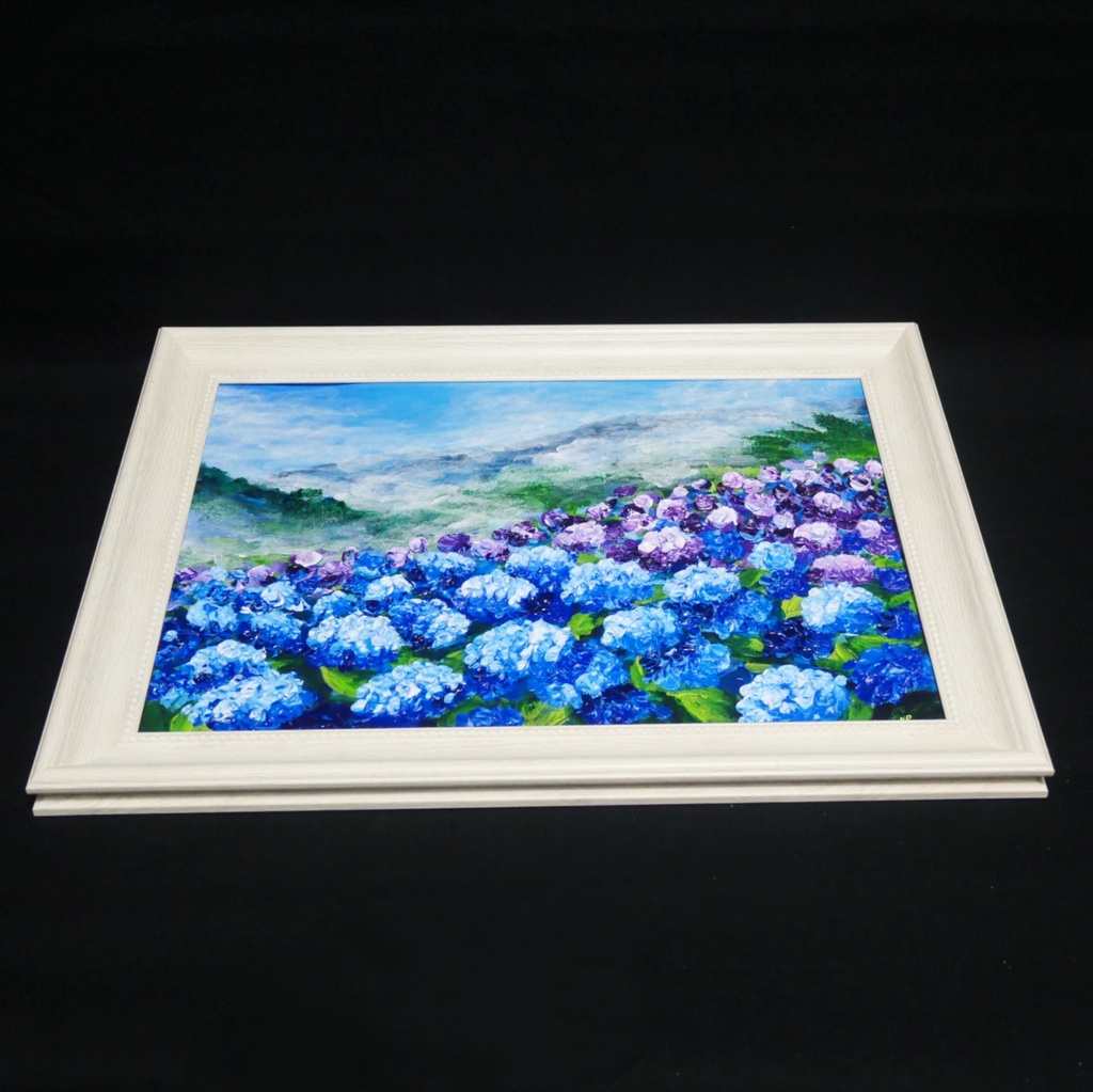【真作】油絵『天空に咲く青の記憶』A4 額装付/紫陽花 雲海 幻想的な風景画 一点物