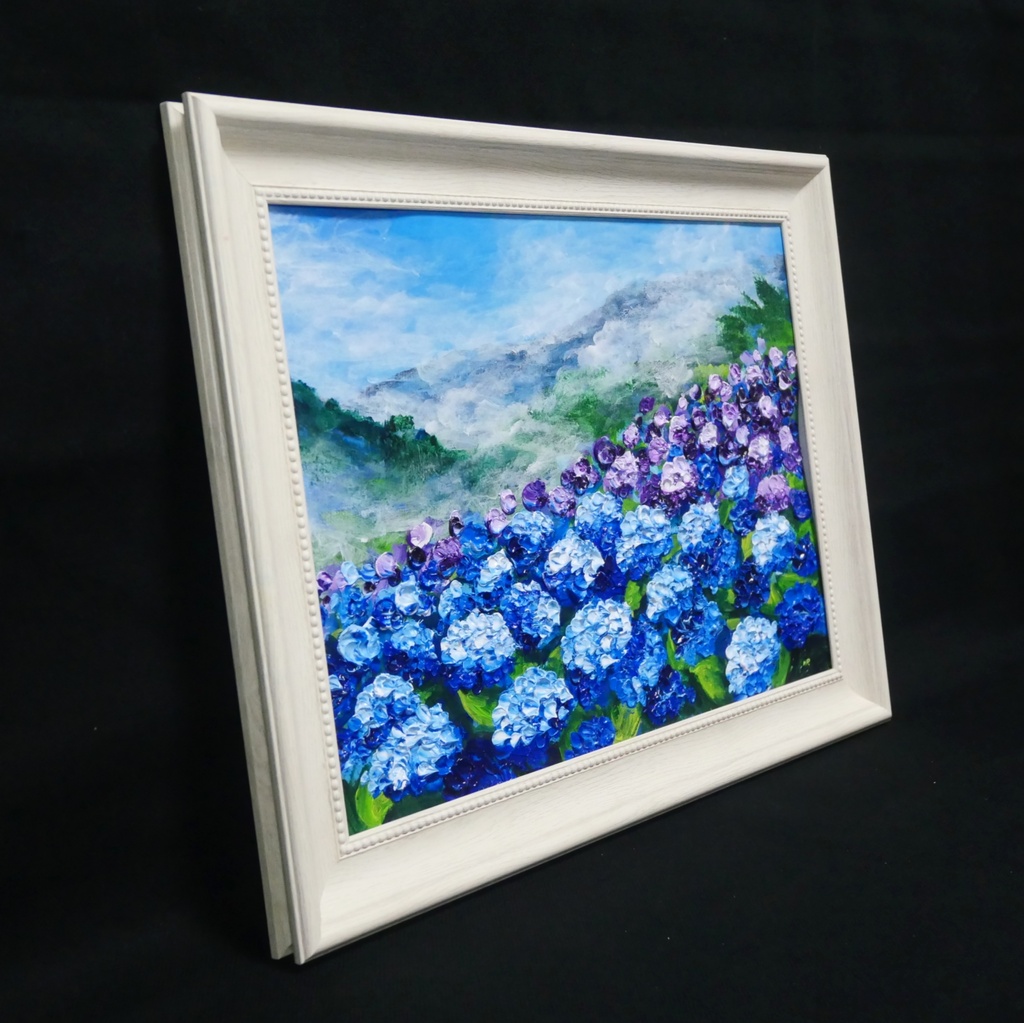 【真作】油絵『天空に咲く青の記憶』A4 額装付/紫陽花 雲海 幻想的な風景画 一点物