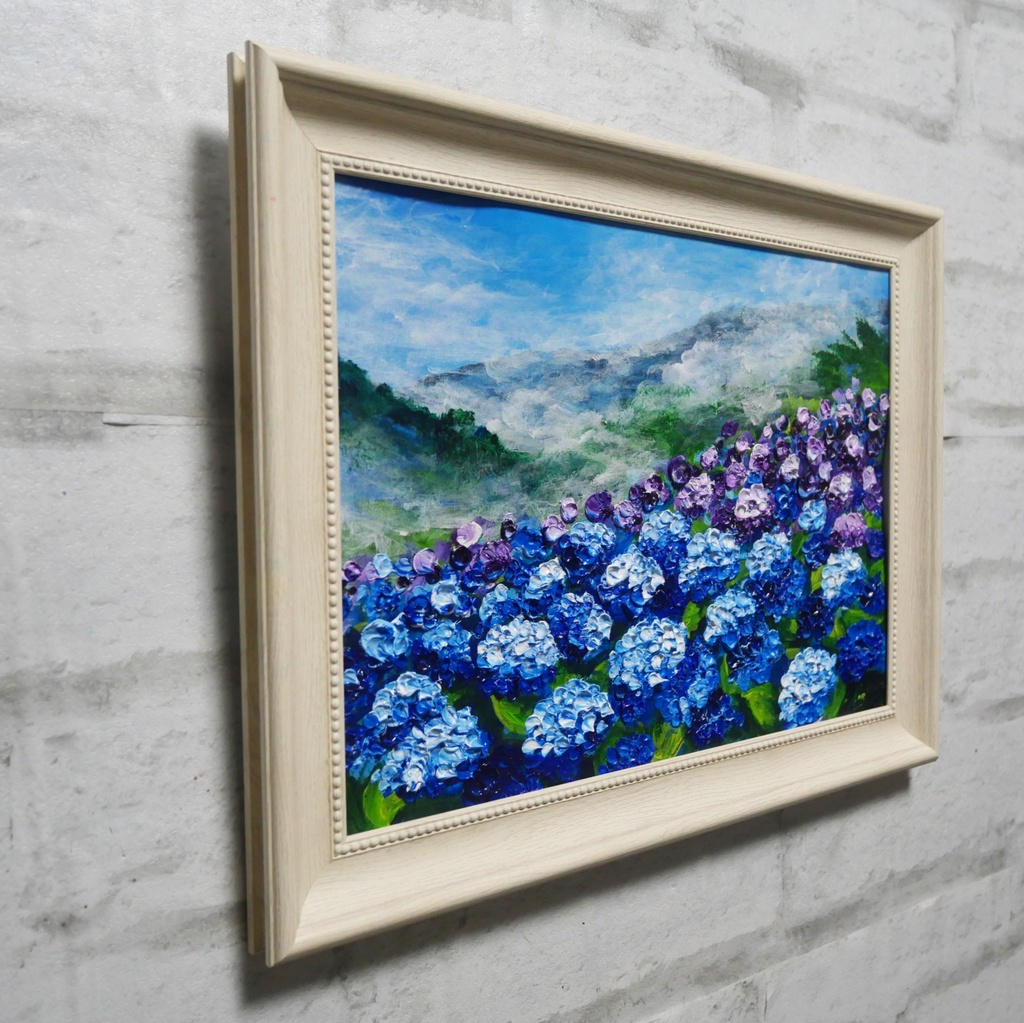 【真作】油絵『天空に咲く青の記憶』A4 額装付/紫陽花 雲海 幻想的な風景画 一点物
