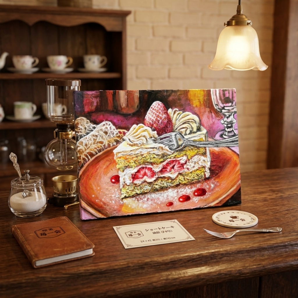 春のインテリアに自分へのご褒美やギフトにも 油絵原画 【甘美な誘惑】 いちごのケーキの絵