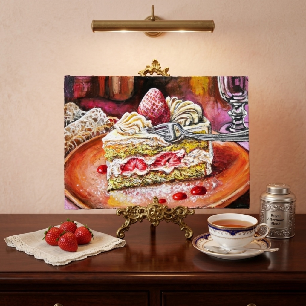 春のインテリアに自分へのご褒美やギフトにも 油絵原画 【甘美な誘惑】 いちごのケーキの絵