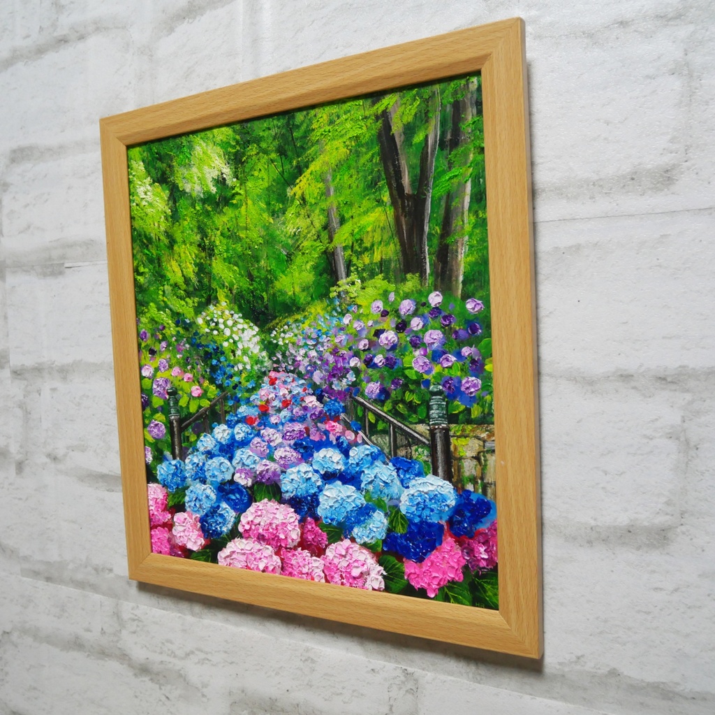 油絵【古都の万華鏡〜大和あじさい巡礼〜】油彩画 絵画 原画 初夏 梅雨 6月 風景画 花