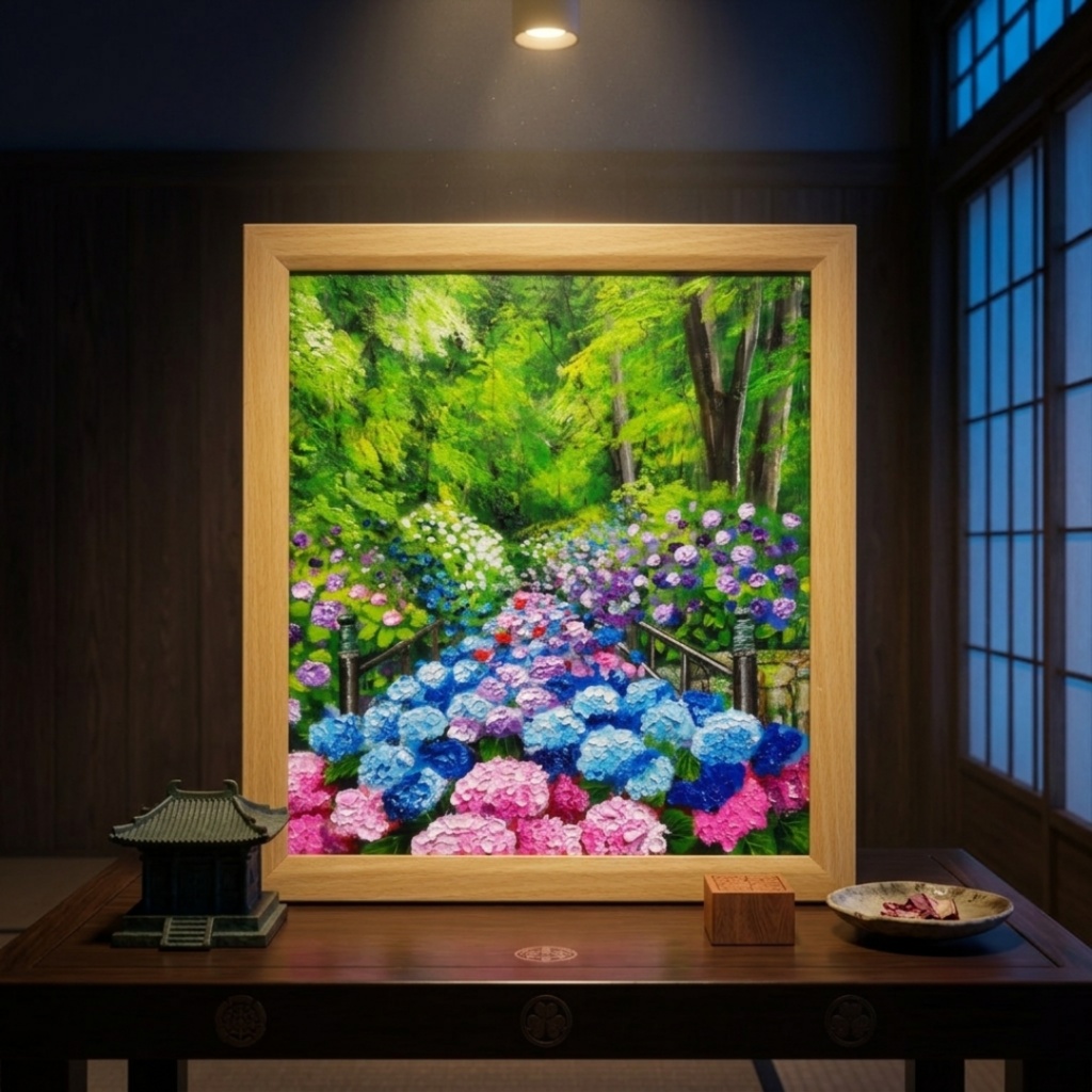 油絵【古都の万華鏡〜大和あじさい巡礼〜】油彩画 絵画 原画 初夏 梅雨 6月 風景画 花