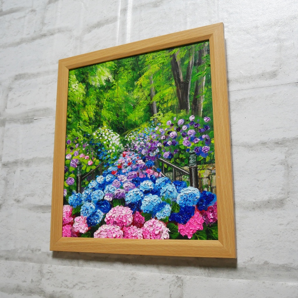 油絵【古都の万華鏡〜大和あじさい巡礼〜】油彩画 絵画 原画 初夏 梅雨 6月 風景画 花
