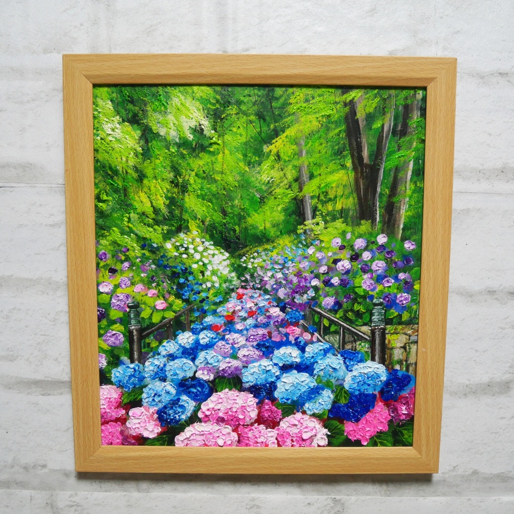 油絵【古都の万華鏡〜大和あじさい巡礼〜】油彩画 絵画 原画 初夏 梅雨 6月 風景画 花