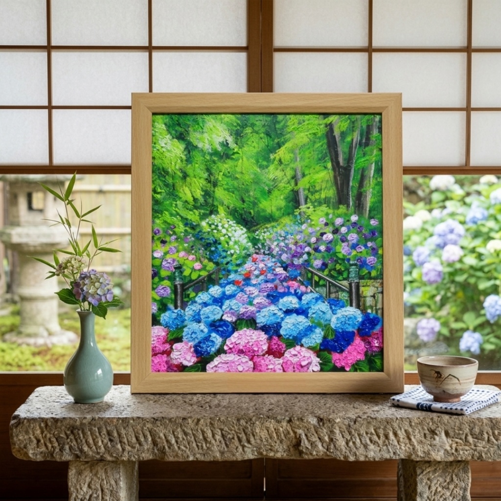 油絵【古都の万華鏡〜大和あじさい巡礼〜】油彩画 絵画 原画 初夏 梅雨 6月 風景画 花