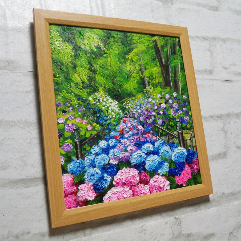 油絵【古都の万華鏡〜大和あじさい巡礼〜】油彩画 絵画 原画 初夏 梅雨 6月 風景画 花