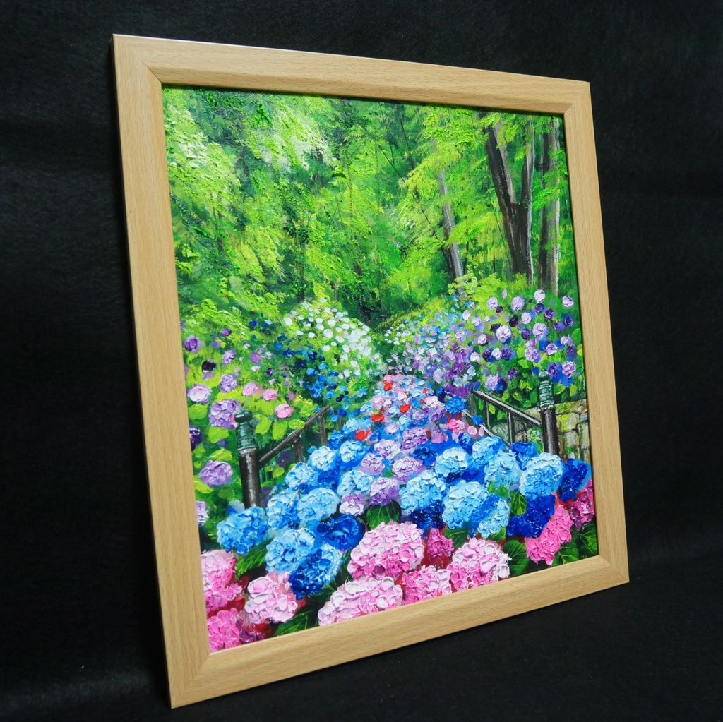 油絵【古都の万華鏡〜大和あじさい巡礼〜】油彩画 絵画 原画 初夏 梅雨 6月 風景画 花