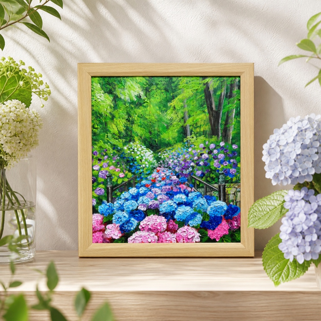 油絵【古都の万華鏡〜大和あじさい巡礼〜】油彩画 絵画 原画 初夏 梅雨 6月 風景画 花