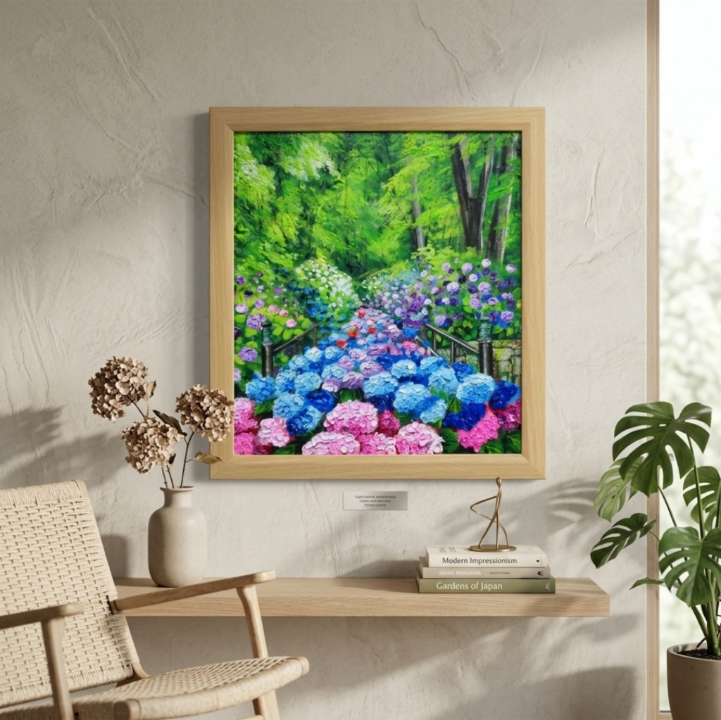 油絵【古都の万華鏡〜大和あじさい巡礼〜】油彩画 絵画 原画 初夏 梅雨 6月 風景画 花