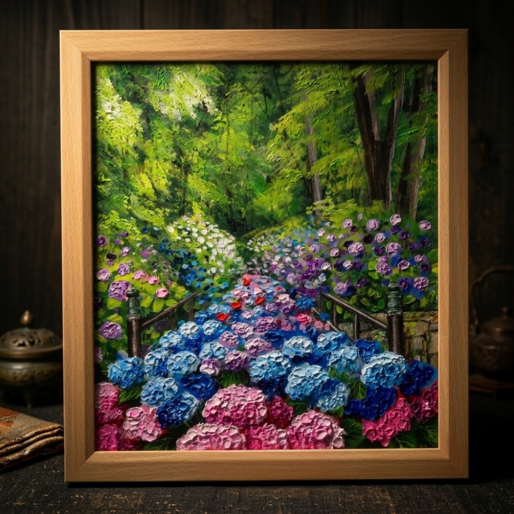 油絵【古都の万華鏡〜大和あじさい巡礼〜】油彩画 絵画 原画 初夏 梅雨 6月 風景画 花