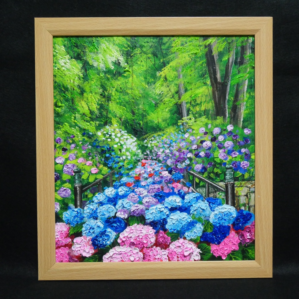 油絵【古都の万華鏡〜大和あじさい巡礼〜】油彩画 絵画 原画 初夏 梅雨 6月 風景画 花