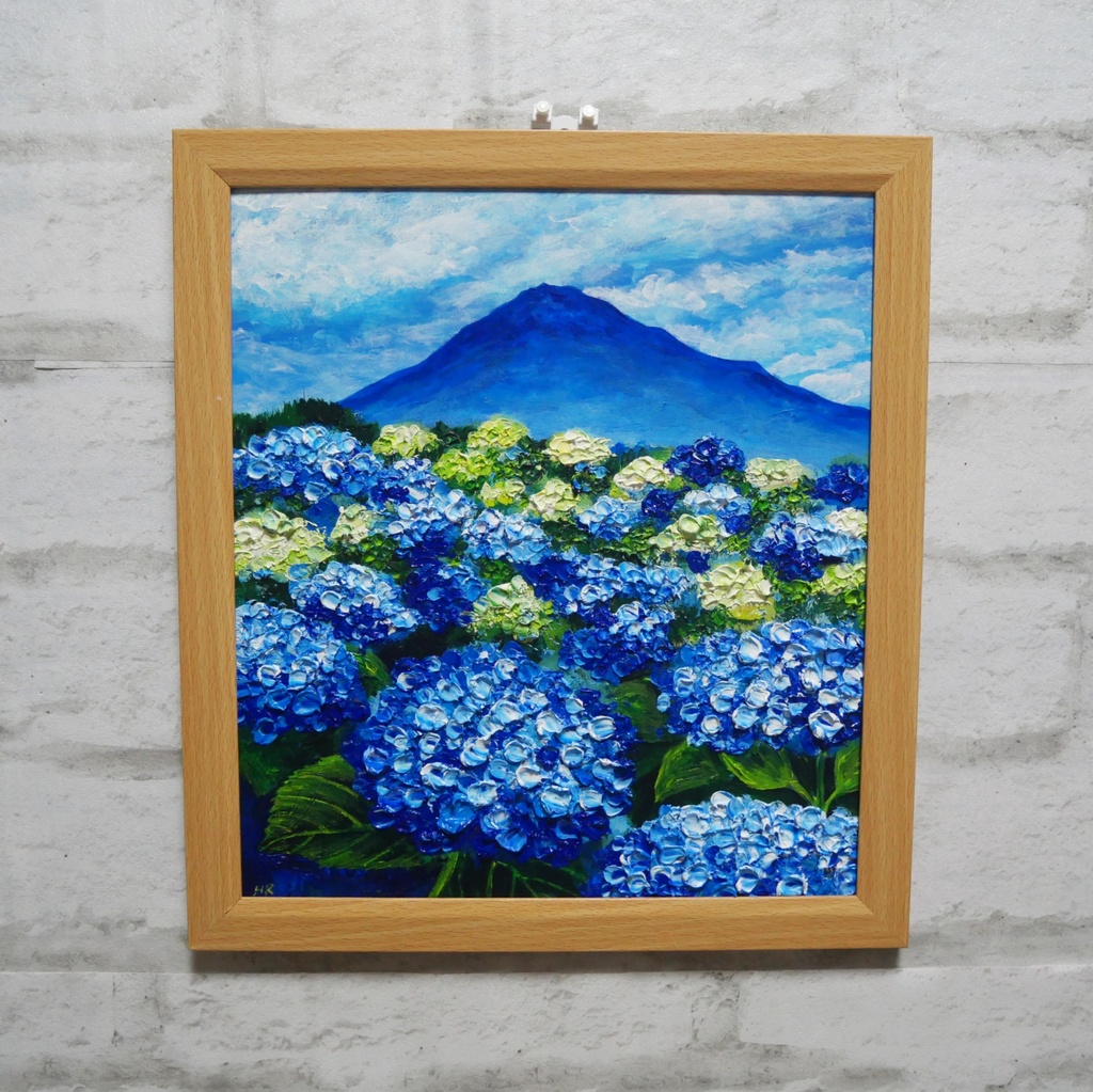 油絵 絵画【青の情景 〜富士と紫陽花の咲く丘〜】油彩画 風景画 アジサイ 富士山 初夏 梅雨 インテリア 壁掛け 額縁付