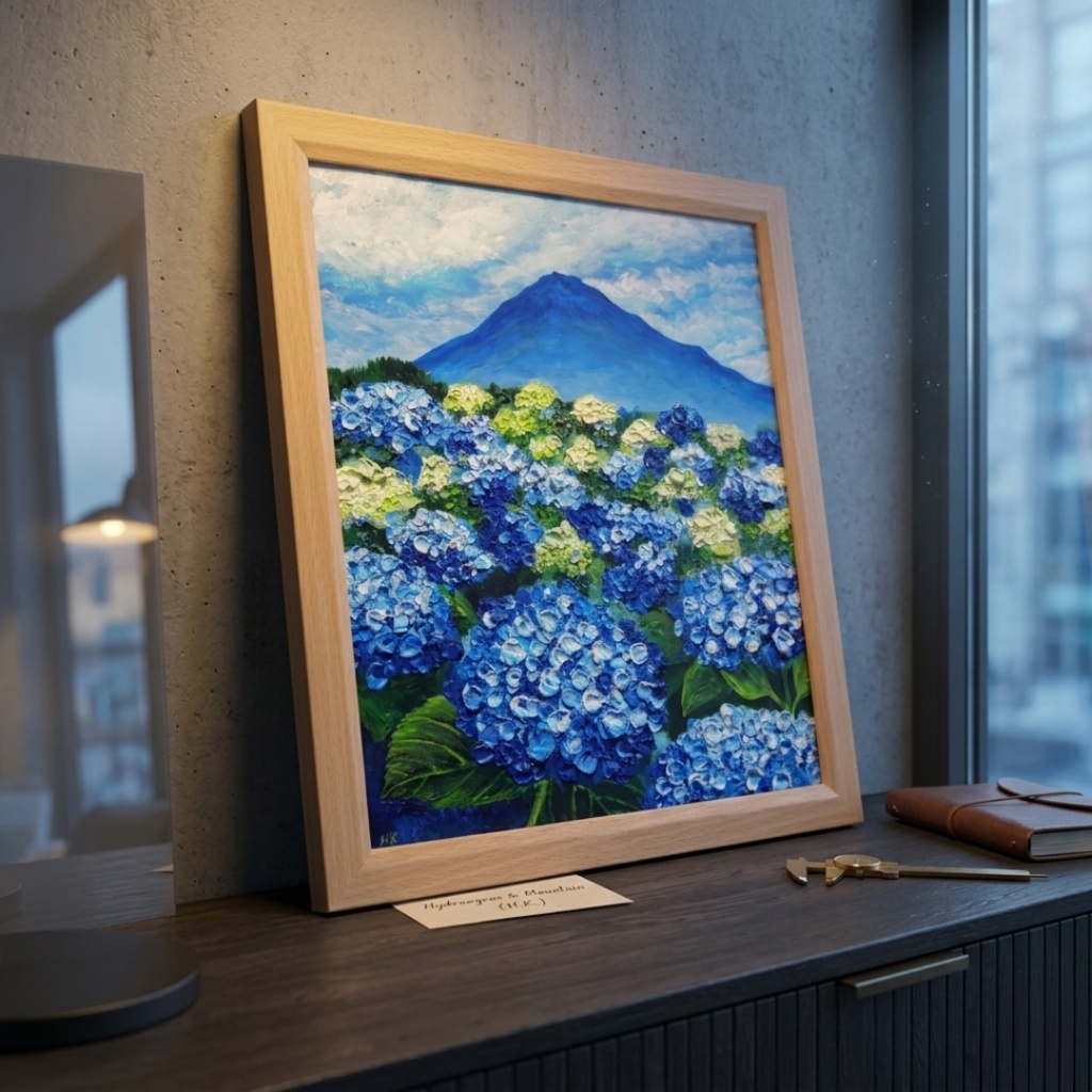 油絵 絵画【青の情景 〜富士と紫陽花の咲く丘〜】油彩画 風景画 アジサイ 富士山 初夏 梅雨 インテリア 壁掛け 額縁付