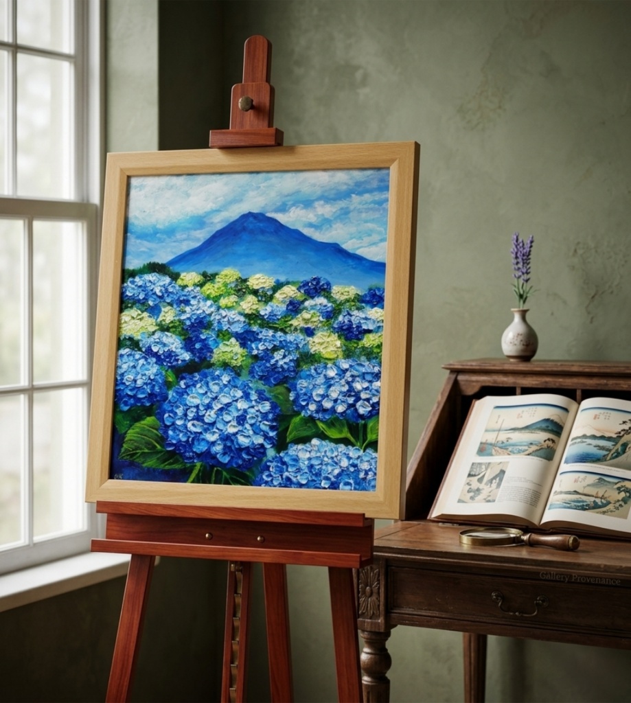 油絵 絵画【青の情景 〜富士と紫陽花の咲く丘〜】油彩画 風景画 アジサイ 富士山 初夏 梅雨 インテリア 壁掛け 額縁付
