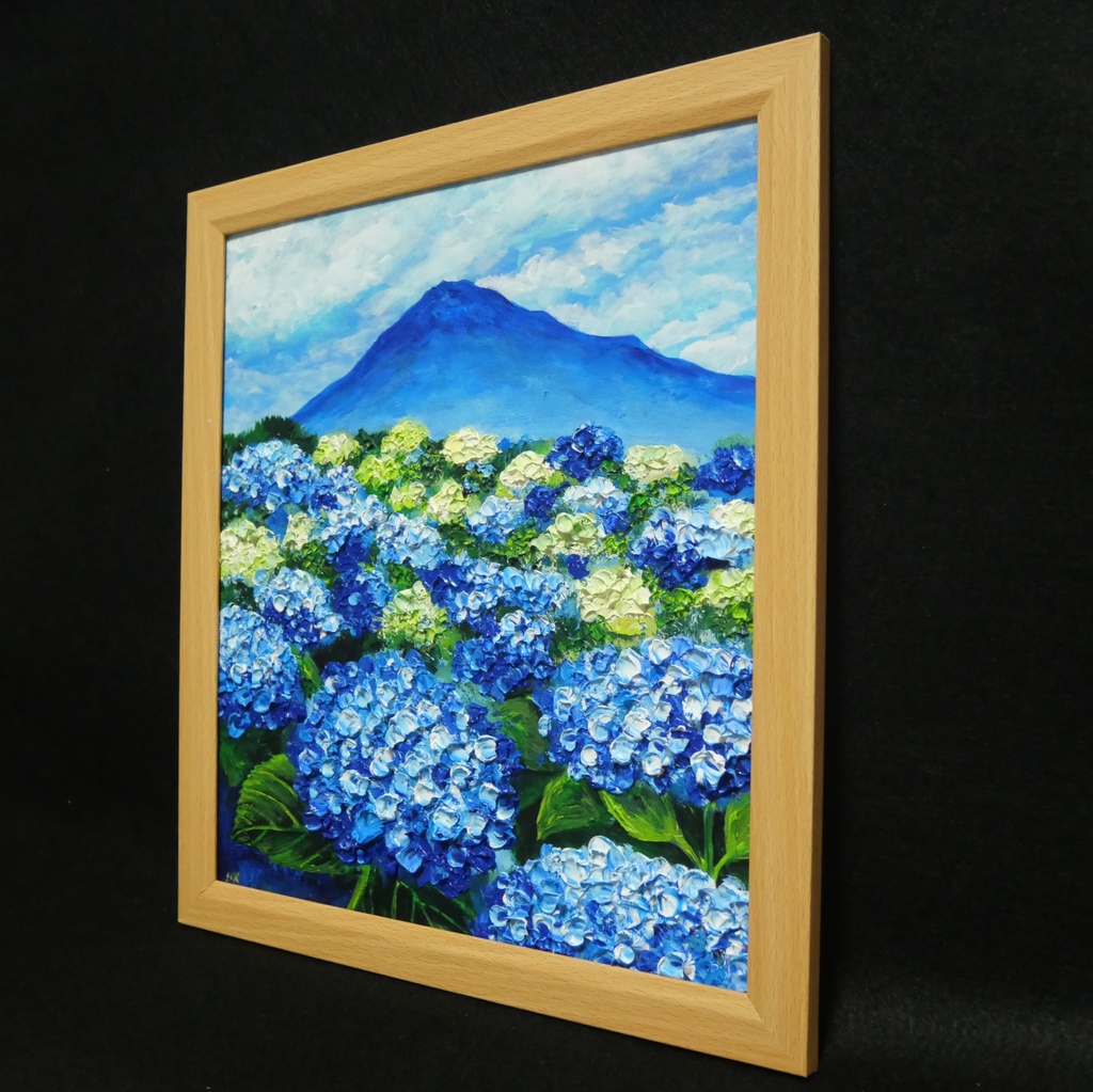 油絵 絵画【青の情景 〜富士と紫陽花の咲く丘〜】油彩画 風景画 アジサイ 富士山 初夏 梅雨 インテリア 壁掛け 額縁付