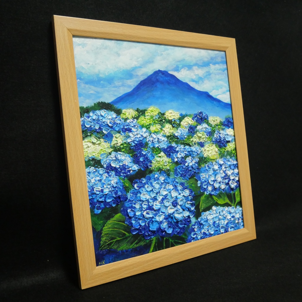 油絵 絵画【青の情景 〜富士と紫陽花の咲く丘〜】油彩画 風景画 アジサイ 富士山 初夏 梅雨 インテリア 壁掛け 額縁付