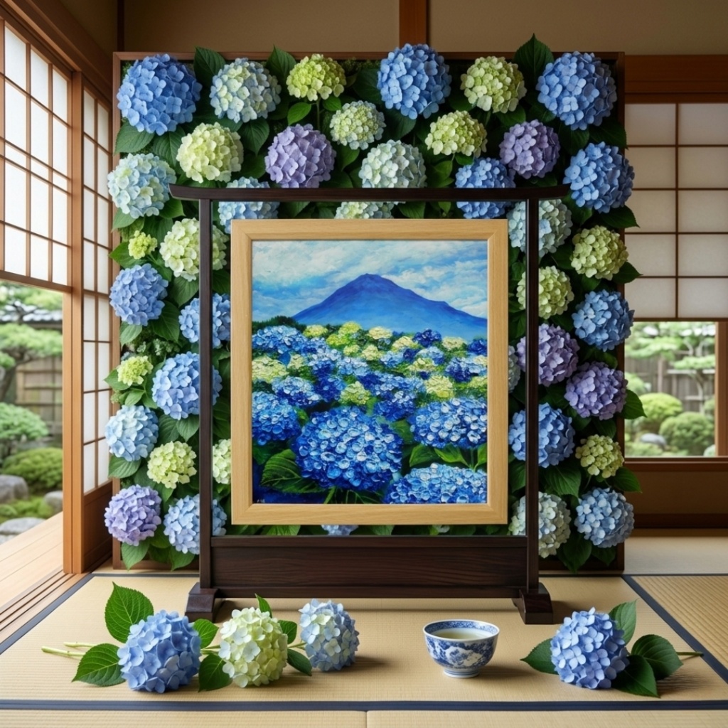 油絵 絵画【青の情景 〜富士と紫陽花の咲く丘〜】油彩画 風景画 アジサイ 富士山 初夏 梅雨 インテリア 壁掛け 額縁付