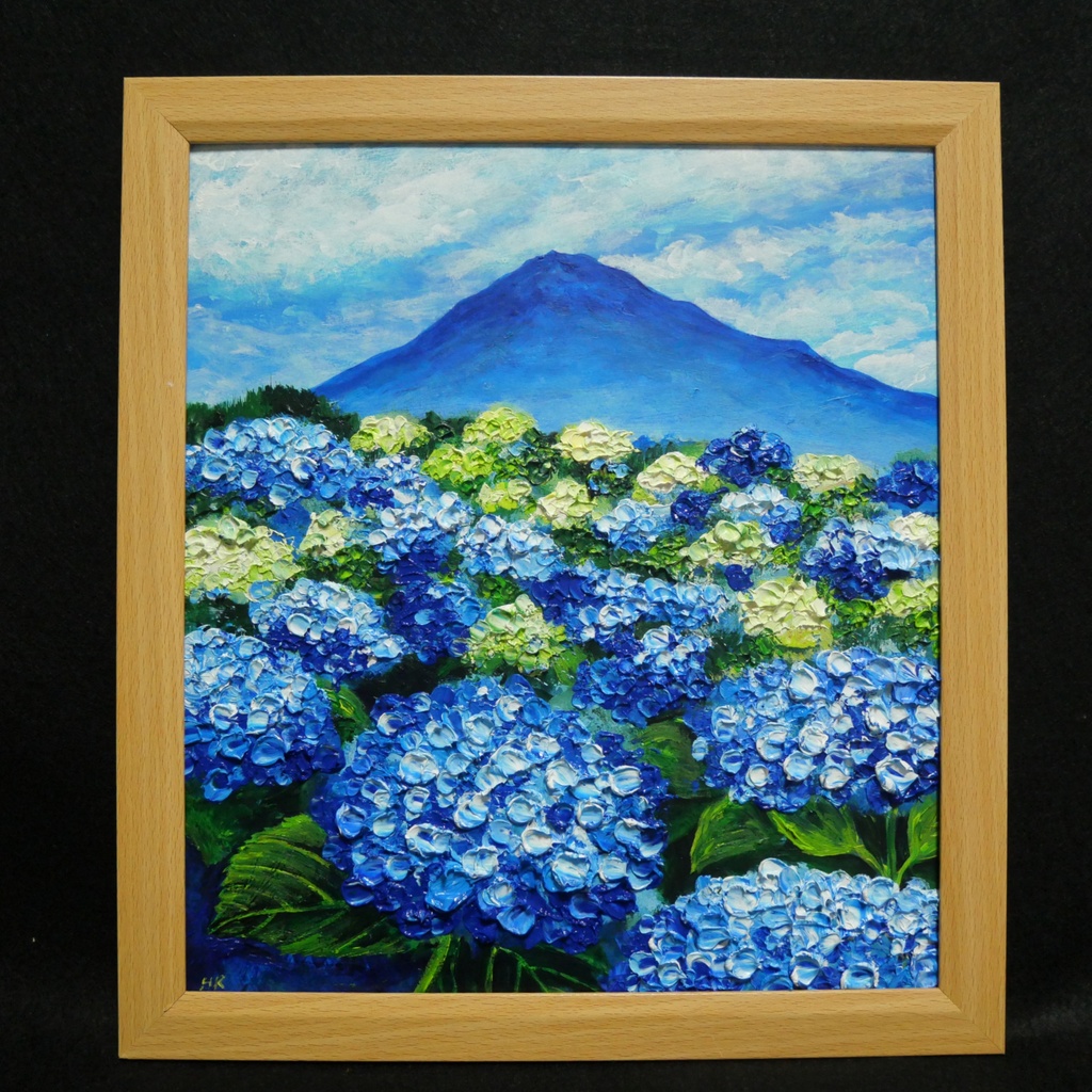 油絵 絵画【青の情景 〜富士と紫陽花の咲く丘〜】油彩画 風景画 アジサイ 富士山 初夏 梅雨 インテリア 壁掛け 額縁付