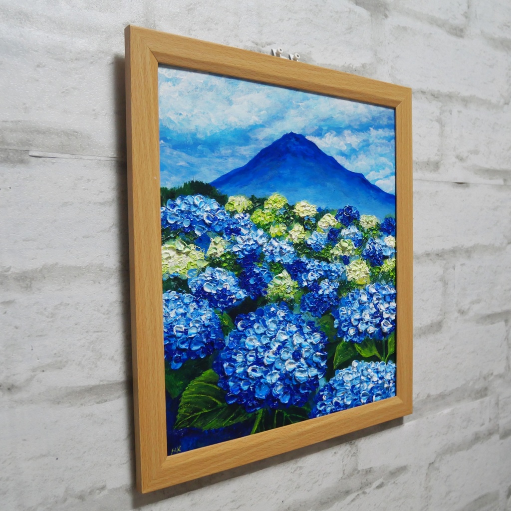 油絵 絵画【青の情景 〜富士と紫陽花の咲く丘〜】油彩画 風景画 アジサイ 富士山 初夏 梅雨 インテリア 壁掛け 額縁付