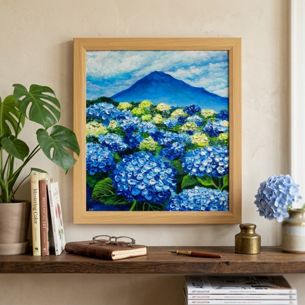 油絵 絵画【青の情景 〜富士と紫陽花の咲く丘〜】油彩画 風景画 アジサイ 富士山 初夏 梅雨 インテリア 壁掛け 額縁付