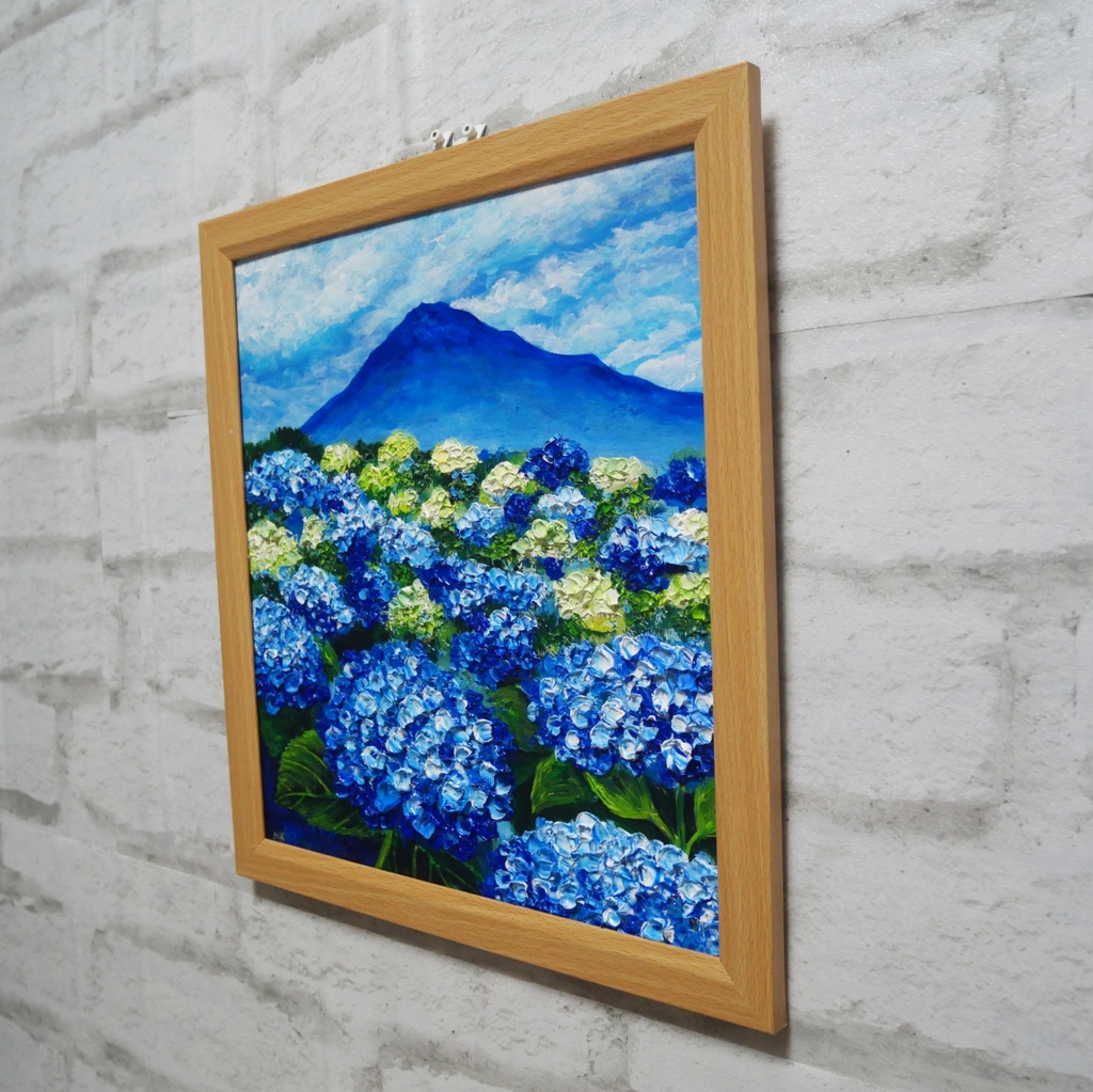 油絵 絵画【青の情景 〜富士と紫陽花の咲く丘〜】油彩画 風景画 アジサイ 富士山 初夏 梅雨 インテリア 壁掛け 額縁付
