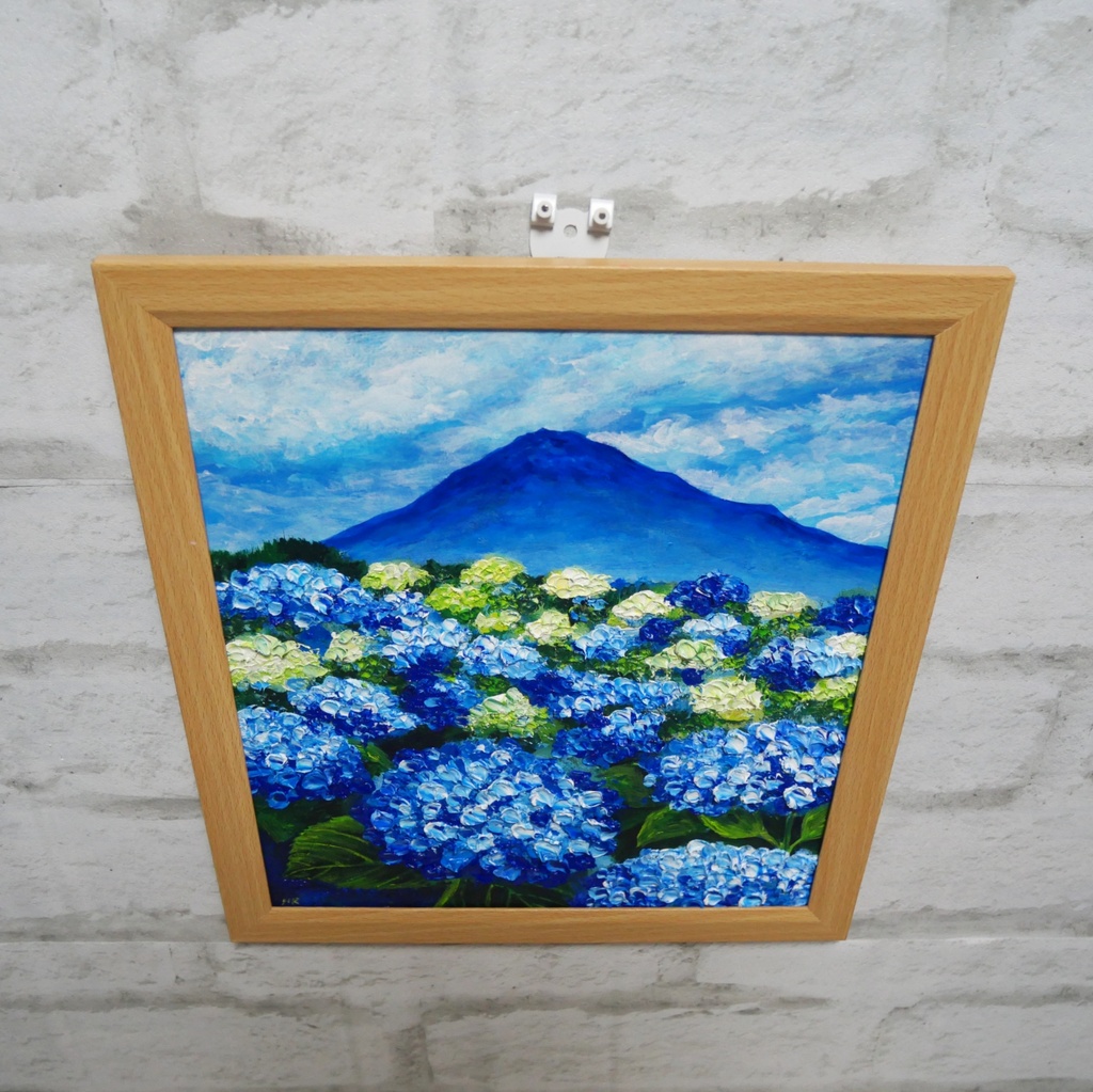 油絵 絵画【青の情景 〜富士と紫陽花の咲く丘〜】油彩画 風景画 アジサイ 富士山 初夏 梅雨 インテリア 壁掛け 額縁付